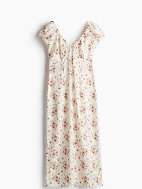 Cream Floral Midi Dress with Pink Rose Print